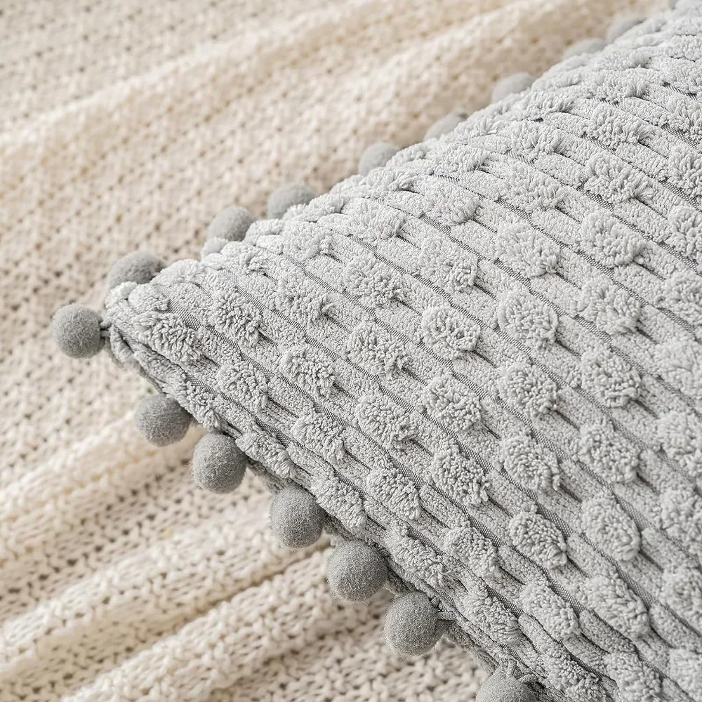 Pompom Grey Stripe Texture Corduroy Farmhouse Cute Luxury Soft Pillow Cover Set
